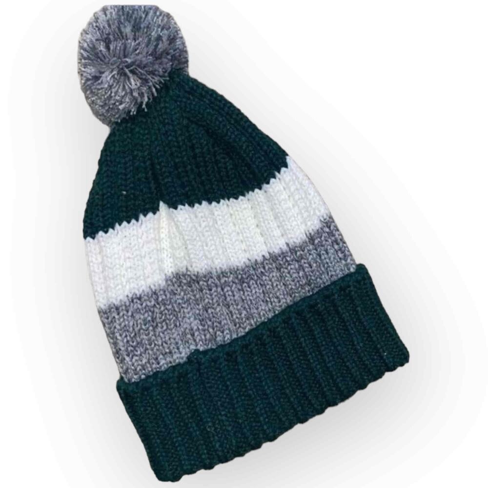 American Needle Striped Pom Pom Beanie - Grey, White, and Green, One Size